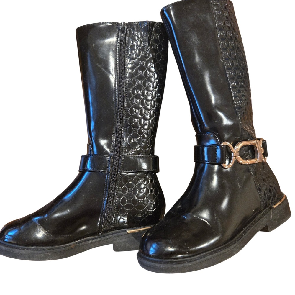 River Island Girls Black Patent Quilted Monogram Tall Boots Gold Buckle Size 11
